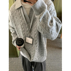 韓版假兩件翻領套頭針織衫長袖男秋季寬松純色休閒毛衣