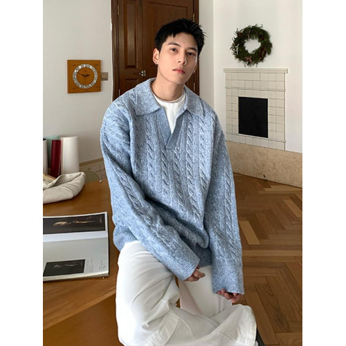 韓版假兩件翻領套頭針織衫長袖男秋季寬松純色休閒毛衣 韓版假兩件翻領套頭針織衫長袖男秋季寬松純色休閒毛衣