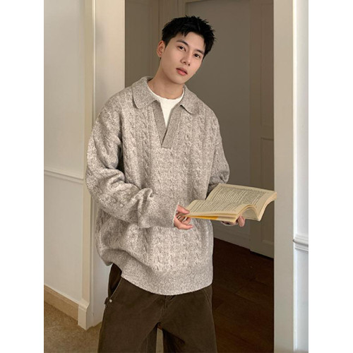 韓版假兩件翻領套頭針織衫長袖男秋季寬松純色休閒毛衣 韓版假兩件翻領套頭針織衫長袖男秋季寬松純色休閒毛衣