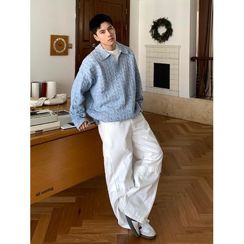 韓版假兩件翻領套頭針織衫長袖男秋季寬松純色休閒毛衣 韓版假兩件翻領套頭針織衫長袖男秋季寬松純色休閒毛衣