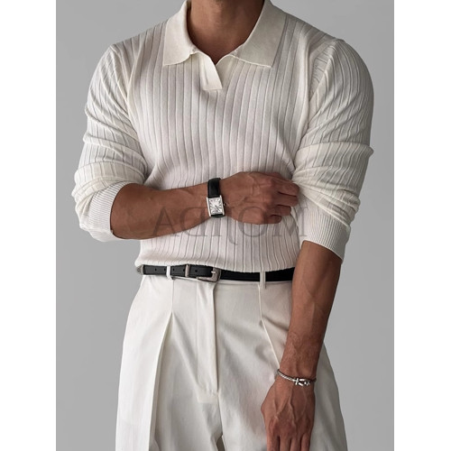 春秋韓國男裝百搭純色螺紋彈力翻領套頭修身POLO針織長袖T恤衫男 春秋韓國男裝百搭純色螺紋彈力翻領套頭修身POLO針織長袖T恤衫男