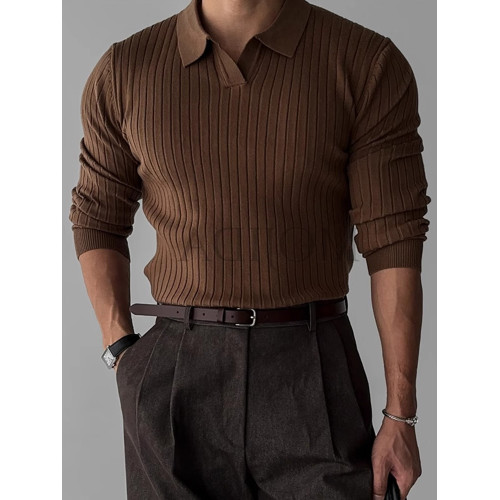 春秋韓國男裝百搭純色螺紋彈力翻領套頭修身POLO針織長袖T恤衫男 春秋韓國男裝百搭純色螺紋彈力翻領套頭修身POLO針織長袖T恤衫男