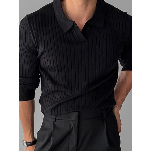 春秋韓國男裝百搭純色螺紋彈力翻領套頭修身POLO針織長袖T恤衫男 春秋韓國男裝百搭純色螺紋彈力翻領套頭修身POLO針織長袖T恤衫男