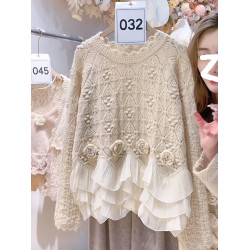 韓版小衆設計感荷葉邊針織衫女秋冬新款玫瑰提花洋氣減齡甜美毛衣