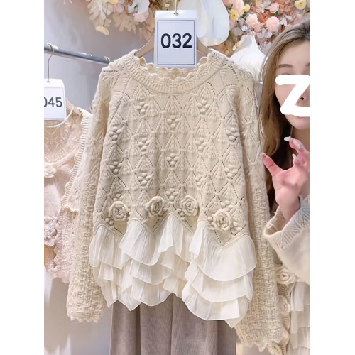 韓版小衆設計感荷葉邊針織衫女秋冬新款玫瑰提花洋氣減齡甜美毛衣 韓版小衆設計感荷葉邊針織衫女秋冬新款玫瑰提花洋氣減齡甜美毛衣