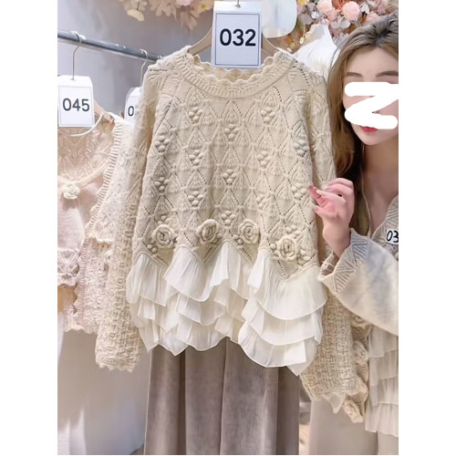 韓版小衆設計感荷葉邊針織衫女秋冬新款玫瑰提花洋氣減齡甜美毛衣 韓版小衆設計感荷葉邊針織衫女秋冬新款玫瑰提花洋氣減齡甜美毛衣