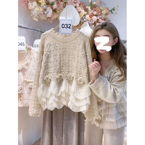 韓版小衆設計感荷葉邊針織衫女秋冬新款玫瑰提花洋氣減齡甜美毛衣 韓版小衆設計感荷葉邊針織衫女秋冬新款玫瑰提花洋氣減齡甜美毛衣