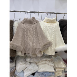 名媛風高領麻花套頭毛衣外套上衣女秋冬新款毛毛針織衫鬭篷披肩女