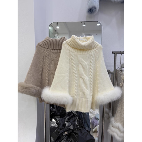 名媛風高領麻花套頭毛衣外套上衣女秋冬新款毛毛針織衫鬭篷披肩女