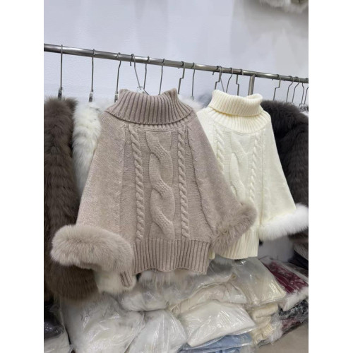 名媛風高領麻花套頭毛衣外套上衣女秋冬新款毛毛針織衫鬭篷披肩女