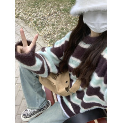 JIANYINZ軟糯溫柔粉色條紋慵懶風毛衣男女寬松復古ins甜辣針織衫