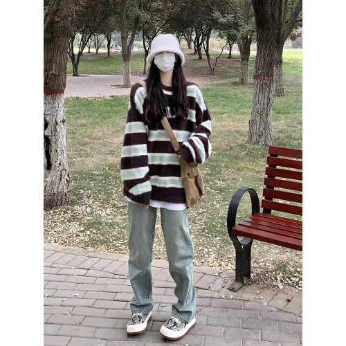 JIANYINZ軟糯溫柔粉色條紋慵懶風毛衣男女寬松復古ins甜辣針織衫 JIANYINZ軟糯溫柔粉色條紋慵懶風毛衣男女寬松復古ins甜辣針織衫