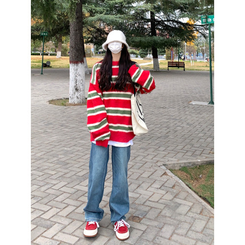 JIANYINZ軟糯溫柔粉色條紋慵懶風毛衣男女寬松復古ins甜辣針織衫 JIANYINZ軟糯溫柔粉色條紋慵懶風毛衣男女寬松復古ins甜辣針織衫