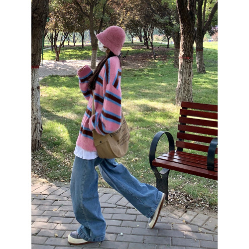 JIANYINZ軟糯溫柔粉色條紋慵懶風毛衣男女寬松復古ins甜辣針織衫 JIANYINZ軟糯溫柔粉色條紋慵懶風毛衣男女寬松復古ins甜辣針織衫