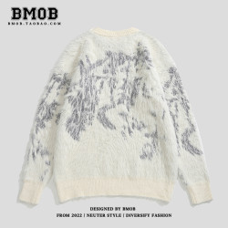BMOB美式潮牌軟糯毛衣仿貂毛提花拼色紥染個性高級感歐美高街上衣