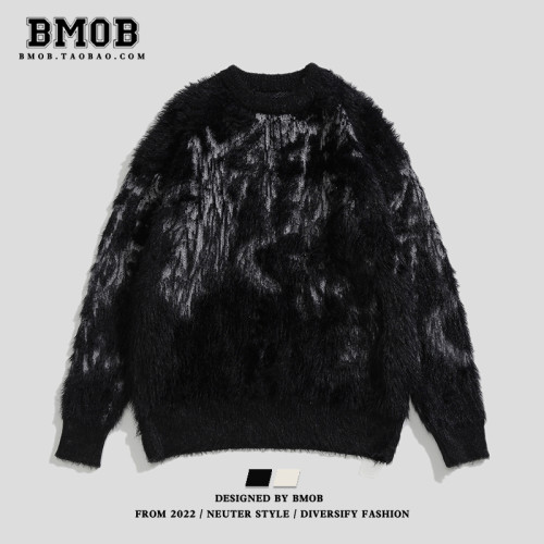 BMOB美式潮牌軟糯毛衣仿貂毛提花拼色紥染個性高級感歐美高街上衣 BMOB美式潮牌軟糯毛衣仿貂毛提花拼色紥染個性高級感歐美高街上衣