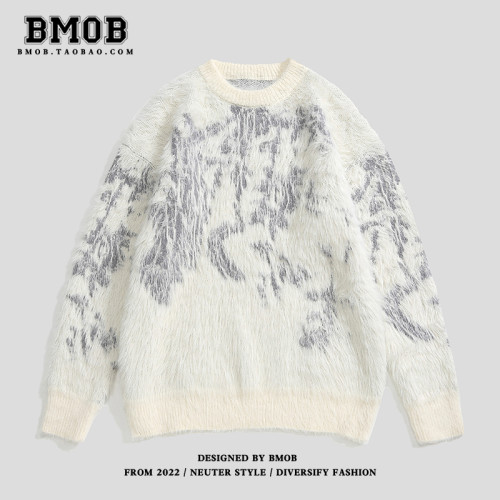 BMOB美式潮牌軟糯毛衣仿貂毛提花拼色紥染個性高級感歐美高街上衣 BMOB美式潮牌軟糯毛衣仿貂毛提花拼色紥染個性高級感歐美高街上衣