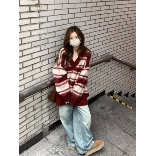 韓系氣質休閒撞色毛衣女2024年秋冬新款寬松條紋百搭v領套頭上衣 韓系氣質休閒撞色毛衣女2024年秋冬新款寬松條紋百搭v領套頭上衣