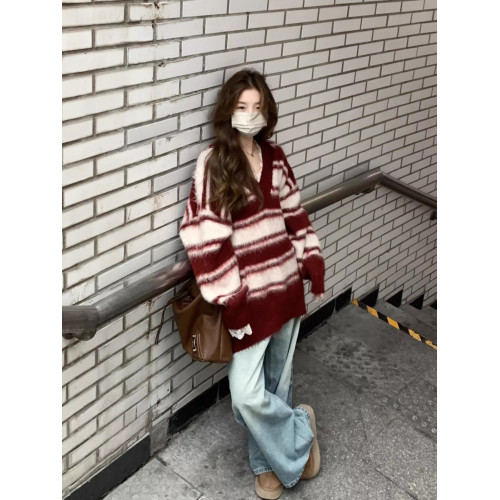韓系氣質休閒撞色毛衣女2024年秋冬新款寬松條紋百搭v領套頭上衣 韓系氣質休閒撞色毛衣女2024年秋冬新款寬松條紋百搭v領套頭上衣