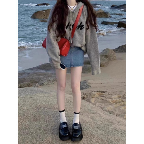 美式復古慵懶風字母連帽毛衣女2025秋冬季新款寬松針織衫外套上衣 美式復古慵懶風字母連帽毛衣女2025秋冬季新款寬松針織衫外套上衣