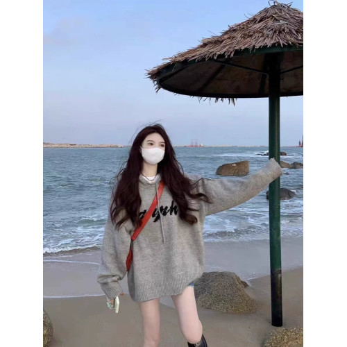 美式復古慵懶風字母連帽毛衣女2025秋冬季新款寬松針織衫外套上衣 美式復古慵懶風字母連帽毛衣女2025秋冬季新款寬松針織衫外套上衣