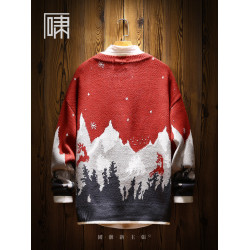 ins潮牌國潮雪山馴鹿刺綉聖誕毛衣 男日系復古加絨加厚針織衫男裝