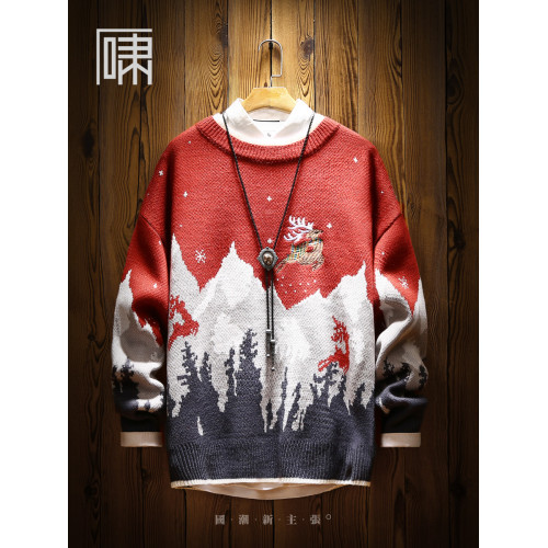 ins潮牌國潮雪山馴鹿刺綉聖誕毛衣 男日系復古加絨加厚針織衫男裝