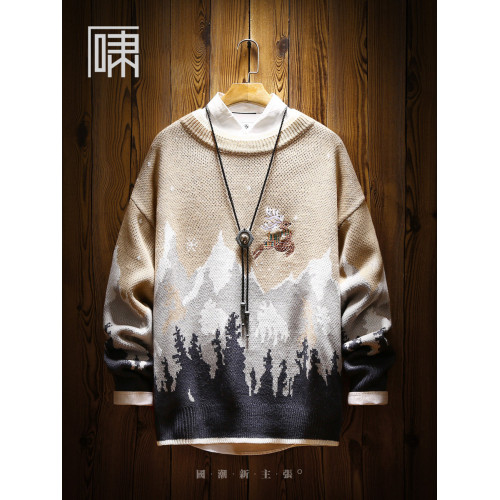 ins潮牌國潮雪山馴鹿刺綉聖誕毛衣 男日系復古加絨加厚針織衫男裝