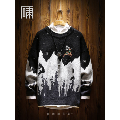 ins潮牌國潮雪山馴鹿刺綉聖誕毛衣 男日系復古加絨加厚針織衫男裝
