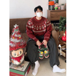 紅色費爾島菱形格聖誕毛衣男冬季氛圍感穿搭高級感慵懶圓領針織衫