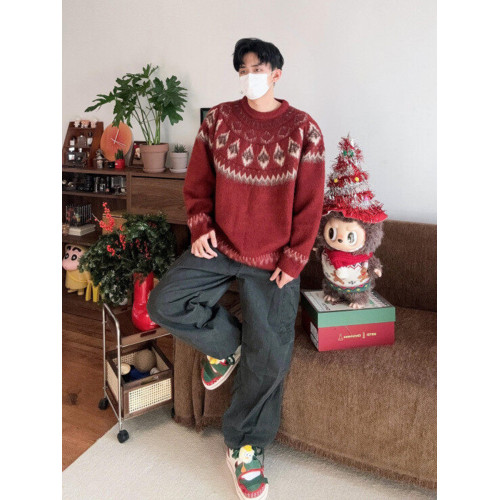 紅色費爾島菱形格聖誕毛衣男冬季氛圍感穿搭高級感慵懶圓領針織衫 紅色費爾島菱形格聖誕毛衣男冬季氛圍感穿搭高級感慵懶圓領針織衫