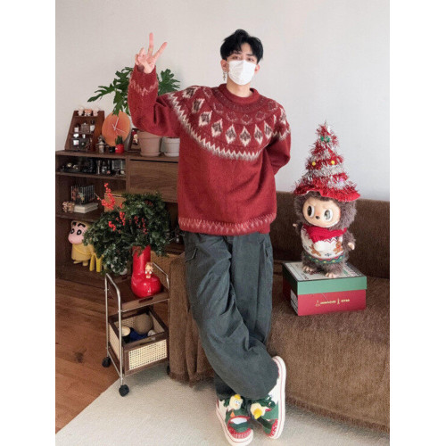 紅色費爾島菱形格聖誕毛衣男冬季氛圍感穿搭高級感慵懶圓領針織衫 紅色費爾島菱形格聖誕毛衣男冬季氛圍感穿搭高級感慵懶圓領針織衫