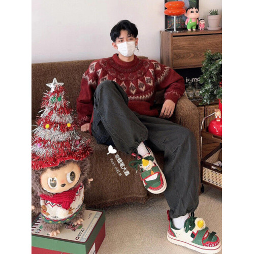 紅色費爾島菱形格聖誕毛衣男冬季氛圍感穿搭高級感慵懶圓領針織衫 紅色費爾島菱形格聖誕毛衣男冬季氛圍感穿搭高級感慵懶圓領針織衫