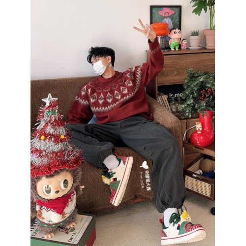 紅色費爾島菱形格聖誕毛衣男冬季氛圍感穿搭高級感慵懶圓領針織衫 紅色費爾島菱形格聖誕毛衣男冬季氛圍感穿搭高級感慵懶圓領針織衫