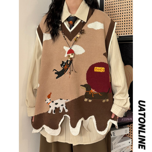 UATONLINE秋冬美式復古V領可愛不規則針織衫馬甲曡穿無袖毛衣背心 UATONLINE秋冬美式復古V領可愛不規則針織衫馬甲曡穿無袖毛衣背心