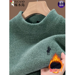啄木鳥一體絨半高領毛衣男加厚加絨保暖上衣潮流雪尼爾針織打底衫