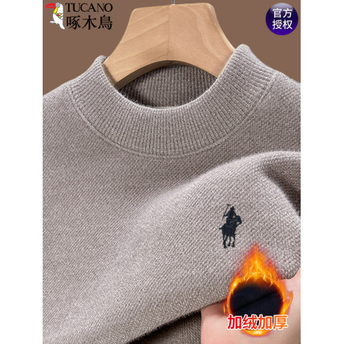 啄木鳥一體絨半高領毛衣男加厚加絨保暖上衣潮流雪尼爾針織打底衫