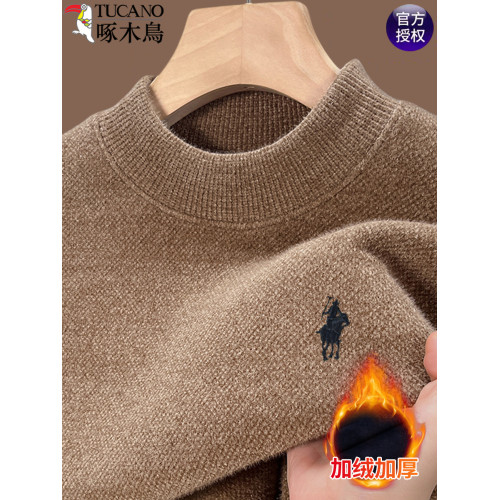 啄木鳥一體絨半高領毛衣男加厚加絨保暖上衣潮流雪尼爾針織打底衫