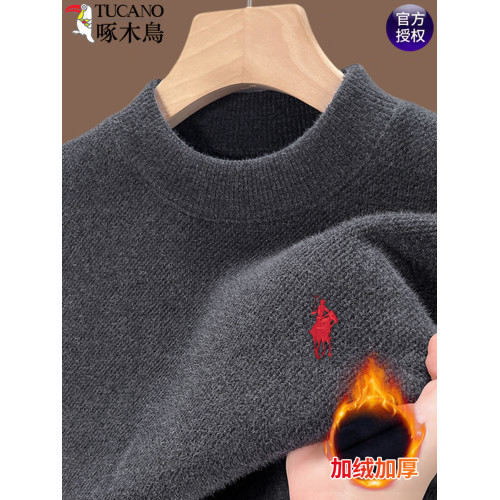 啄木鳥一體絨半高領毛衣男加厚加絨保暖上衣潮流雪尼爾針織打底衫