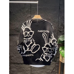 潮牌卡通印花兔子毛衣男秋冬情侶潮流套頭上衣休閒百搭圓領針織衫