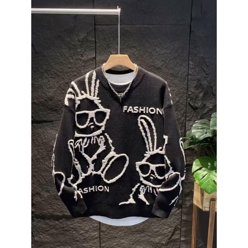 潮牌卡通印花兔子毛衣男秋冬情侶潮流套頭上衣休閒百搭圓領針織衫