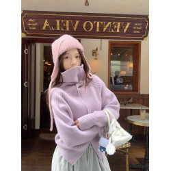 紫色毛衣設計感雙拉鍊大翻領針織外套女裝冬季氣質可外穿內搭上衣