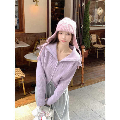 紫色毛衣設計感雙拉鍊大翻領針織外套女裝冬季氣質可外穿內搭上衣 紫色毛衣設計感雙拉鍊大翻領針織外套女裝冬季氣質可外穿內搭上衣