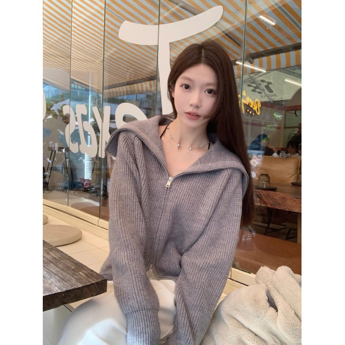 紫色毛衣設計感雙拉鍊大翻領針織外套女裝冬季氣質可外穿內搭上衣 紫色毛衣設計感雙拉鍊大翻領針織外套女裝冬季氣質可外穿內搭上衣