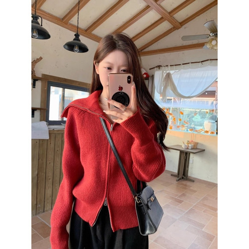 紫色毛衣設計感雙拉鍊大翻領針織外套女裝冬季氣質可外穿內搭上衣 紫色毛衣設計感雙拉鍊大翻領針織外套女裝冬季氣質可外穿內搭上衣