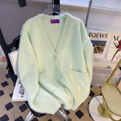 CSVQ薄荷奶綠仿水貂毛V領多色開衫毛衣女軟糯慵懶風針織秋冬外套