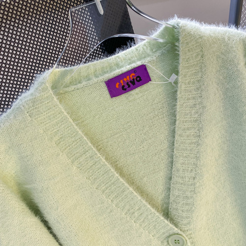 CSVQ薄荷奶綠仿水貂毛V領多色開衫毛衣女軟糯慵懶風針織秋冬外套