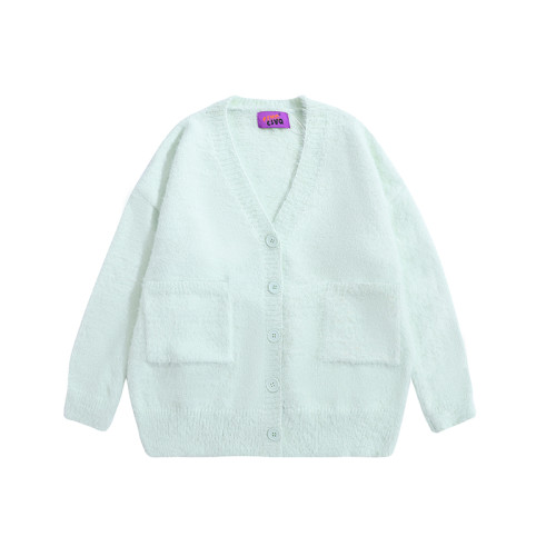 CSVQ薄荷奶綠仿水貂毛V領多色開衫毛衣女軟糯慵懶風針織秋冬外套