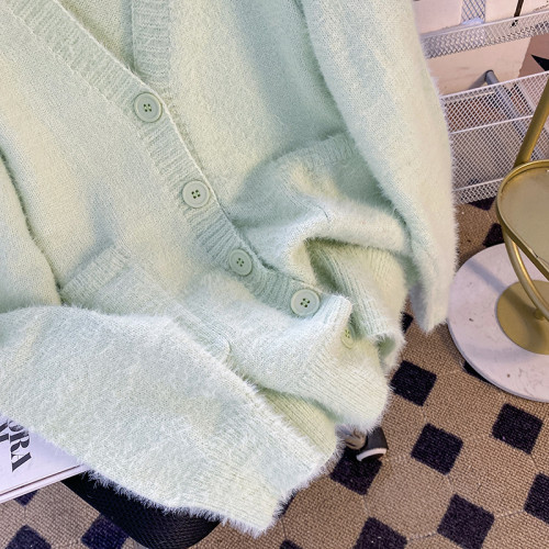 CSVQ薄荷奶綠仿水貂毛V領多色開衫毛衣女軟糯慵懶風針織秋冬外套