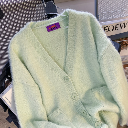 CSVQ薄荷奶綠仿水貂毛V領多色開衫毛衣女軟糯慵懶風針織秋冬外套